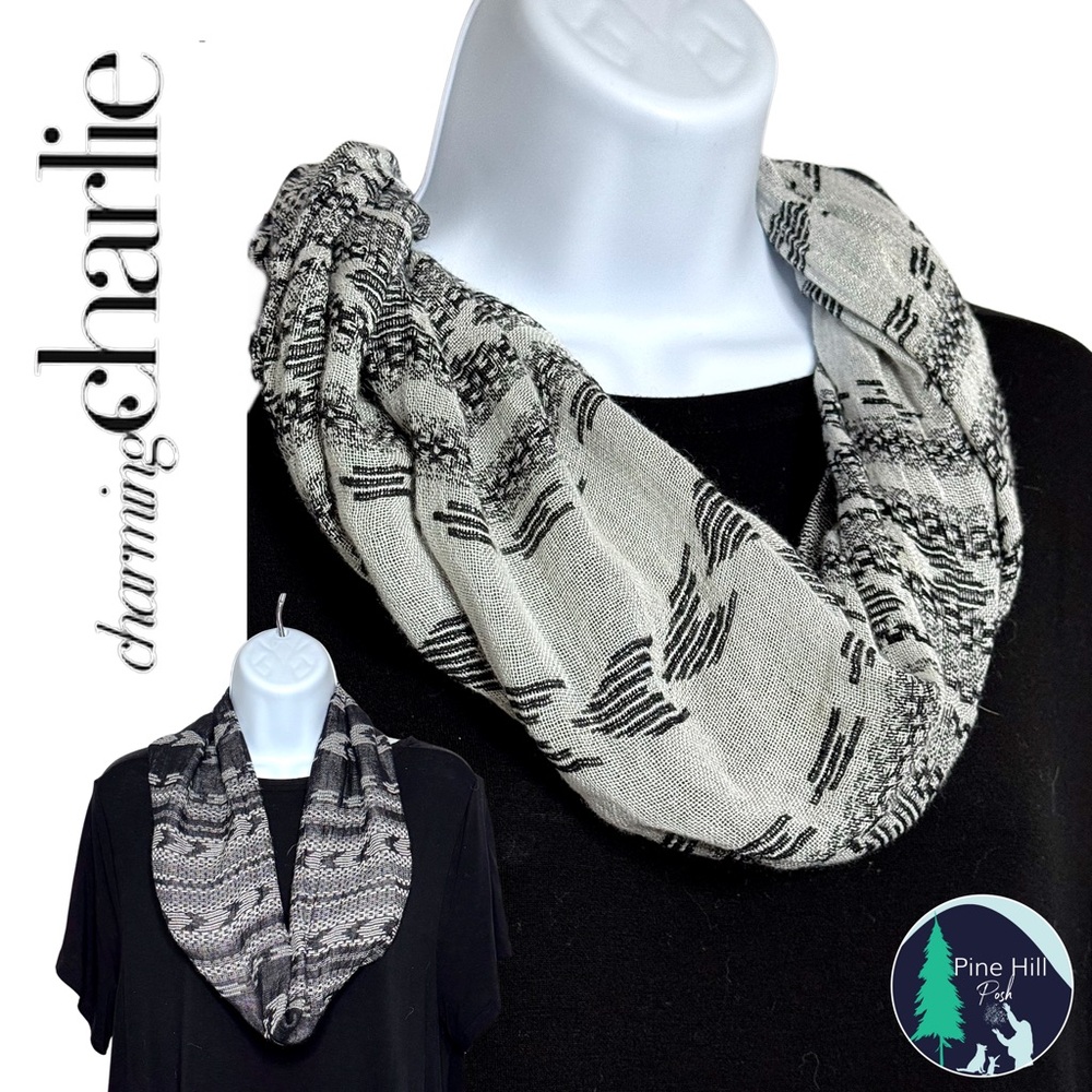 Charming Charlie Reversible Infinity Scarf Black Off-white Aztec Stripes Hearts